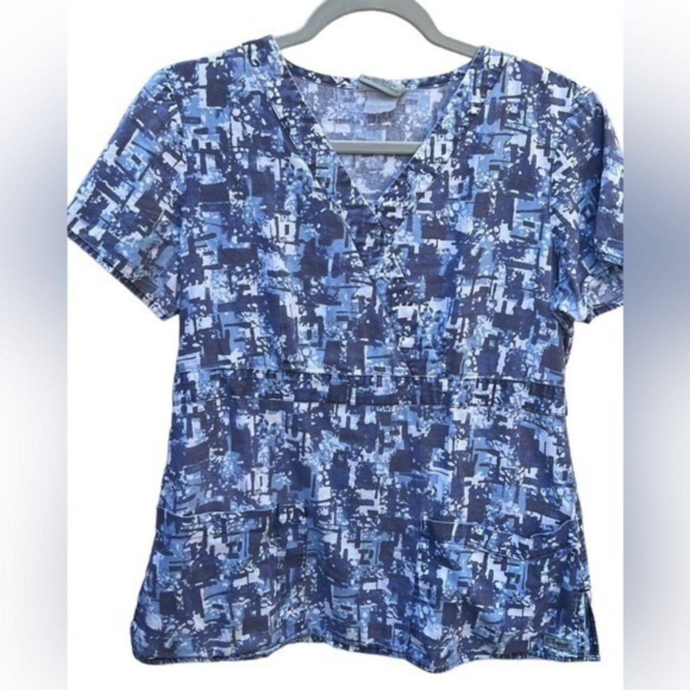 Grey’s Anatomy women’s scrub medical top digital blue white Vneck front pocket M